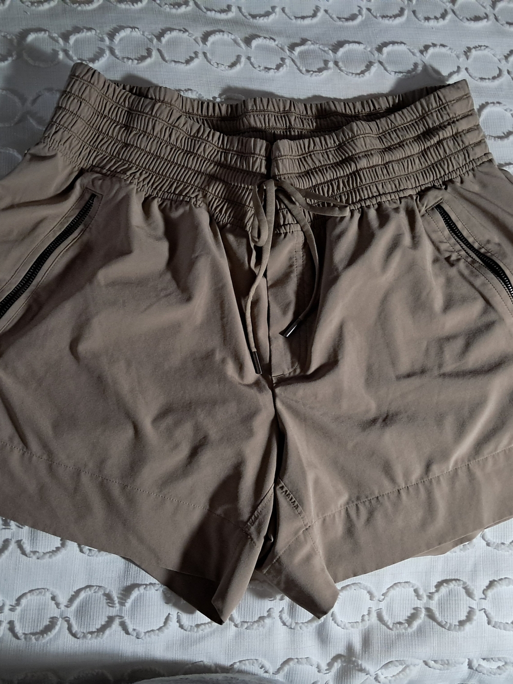Athleta Smocked Waist Drawstring Athletic Shorts in Taupe